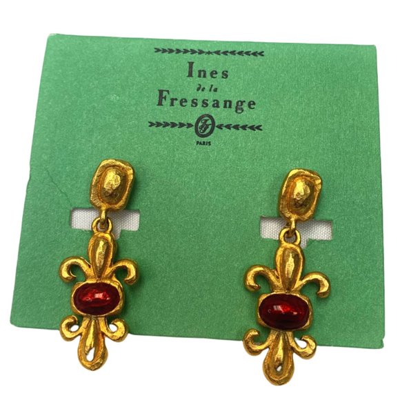 Ines de la Fressange Gold Red Cabochon Earrings - Picture 1 of 5
